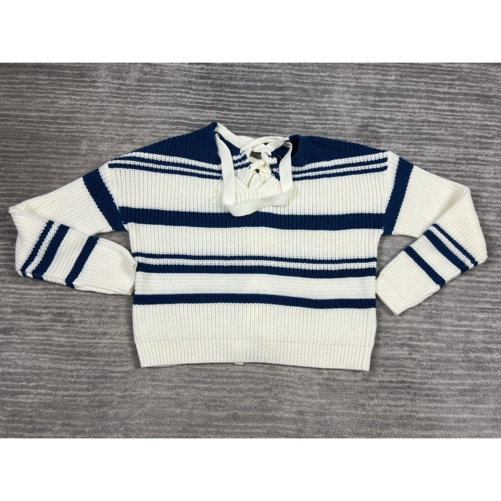 Derek Heart Sweater Womens Medium Blue Striped Cropped Acrylic Long‎ Sleeve